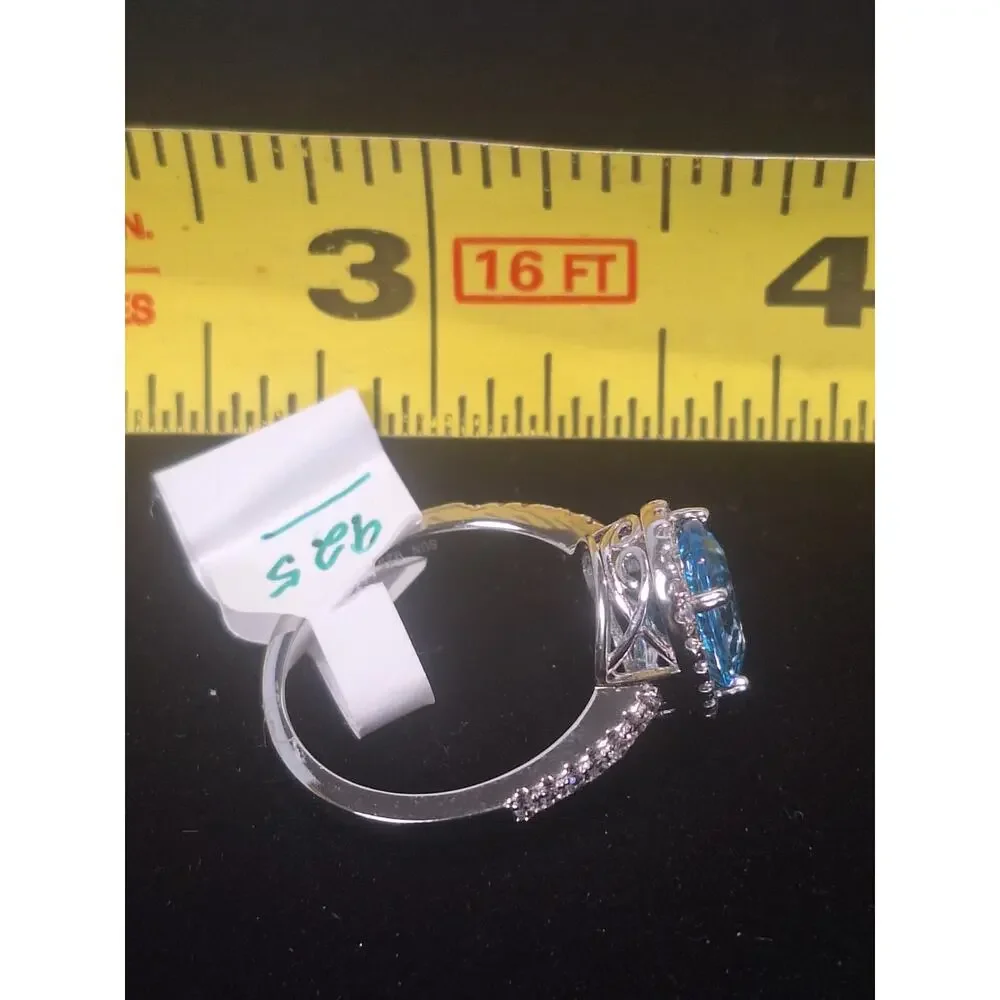 925 Sterling Silver Blue 2.60ct Topaz Halo Ring Oval Light Blue Size 6.5 NIB